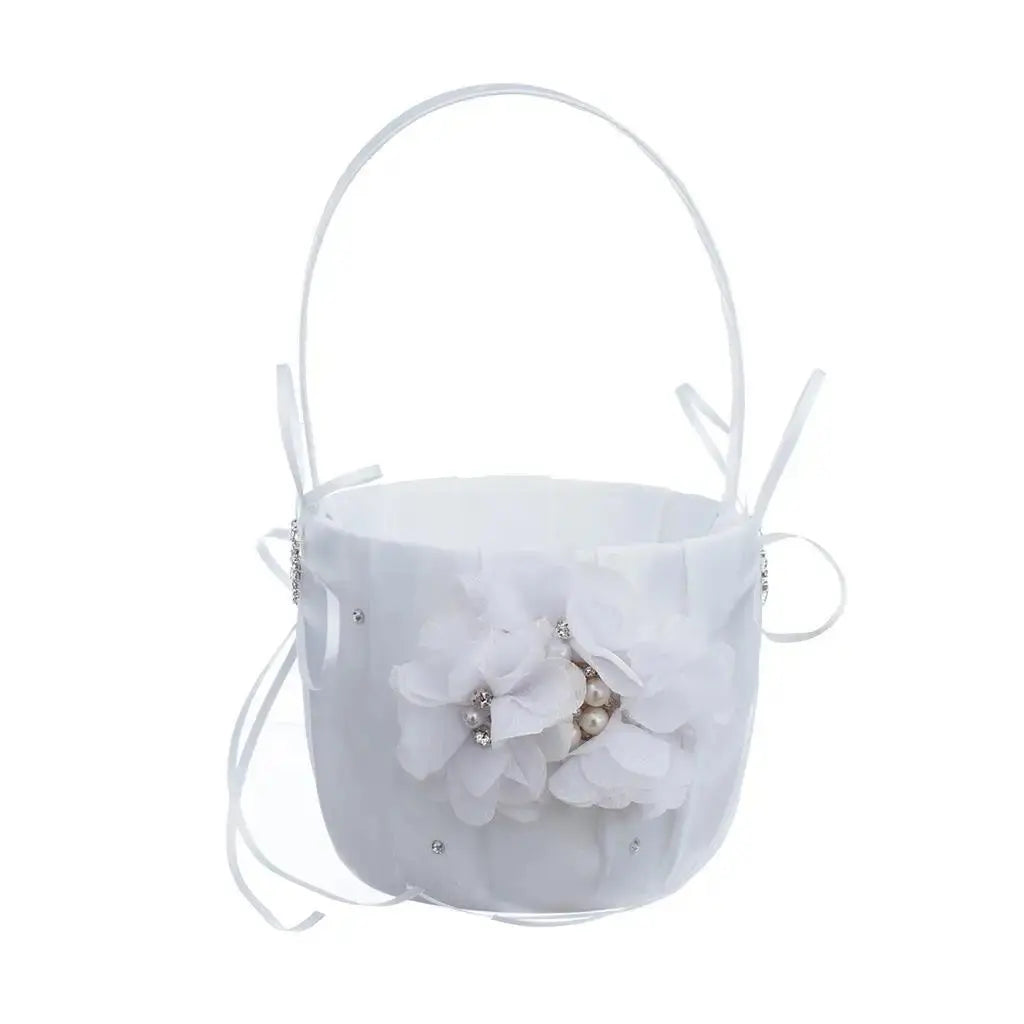 Wedding Bowknot Faux Pearl Flower Girl Basket With Heart Shape Decor Pink Good Vibrations