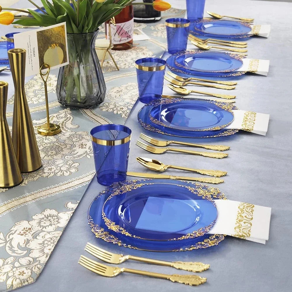 10pcs Disposable Cutlery Clear Blue Plastic Dinner Plate Gold Plastic Silver Cutlery Cup Napkin Set Birthday Decorations Good Vibrations