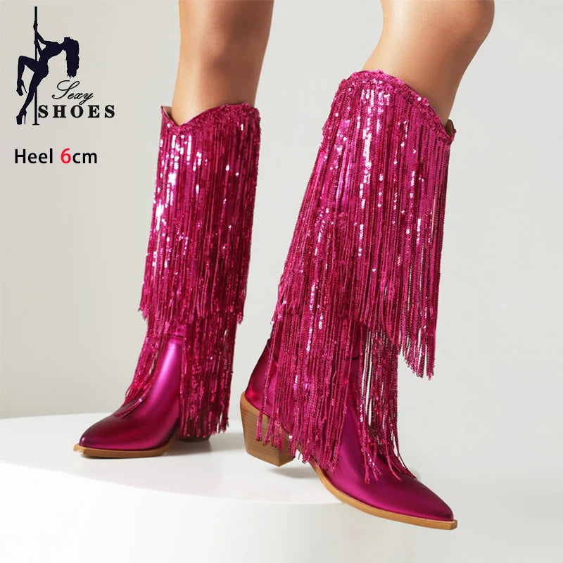 Women Western Fringe Boot 2024 New Cowgirls Blue Sequin Glitter High Heels Nightclub Club Shoes Woman Stage Show Mid-Calf Boots Good Vibrations