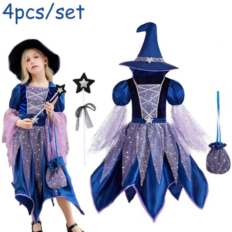 Halloween Party Costumes Witch Dress for Girls Kids Cosplay Carnival Witch Costume Pumpkin Dress Up With Bag Hat Wand Clothing Good Vibrations
