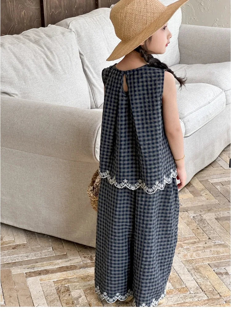 Girls' Summer Outfit New Kids Temperament Plaid Lace Vest+Wide Leg Pants Two-piece Set Trendy Children's Clothing Sets Good Vibrations