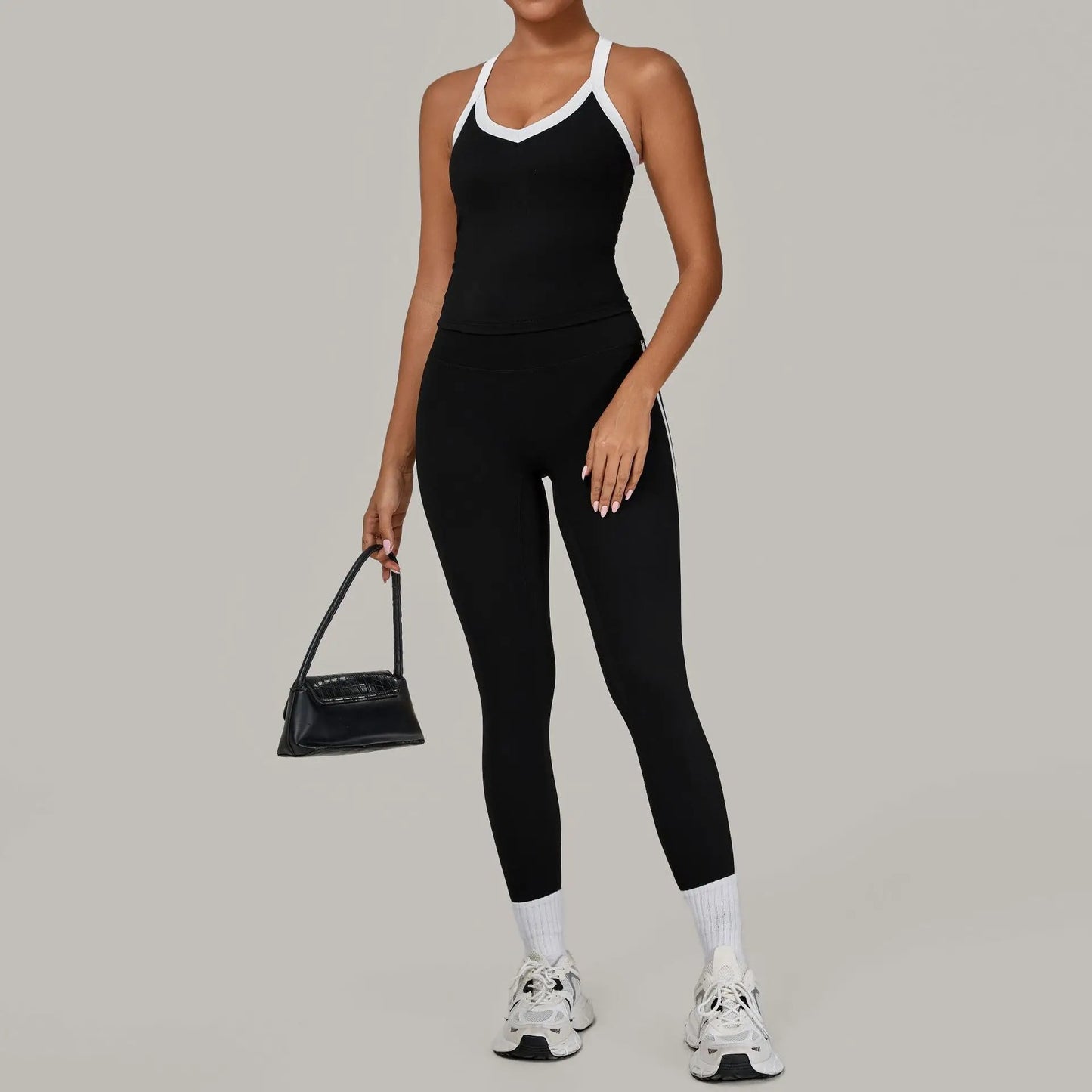 Autumn Yoga Outfit for Women V Neck Sports Tank Top Sets with Chest Pad Workout Leggings Sports Tracksuit Jogging Tights Good Vibrations