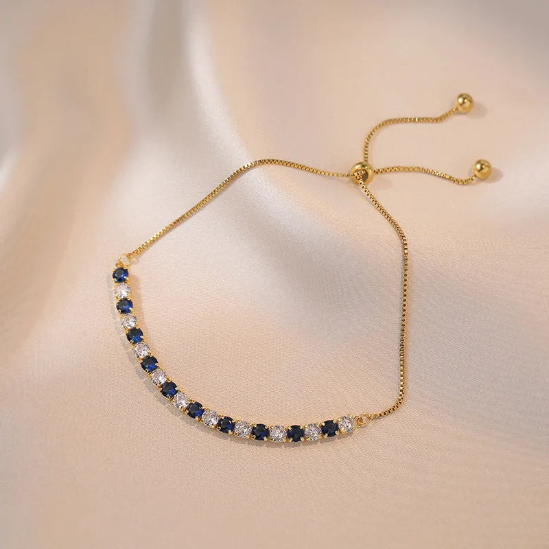 Charm Royal Blue White Stone Round Bracelets For Women Gold Color Metal Adjustable Zircon Hand Chains Simple Party Jewelry Gifts Good Vibrations