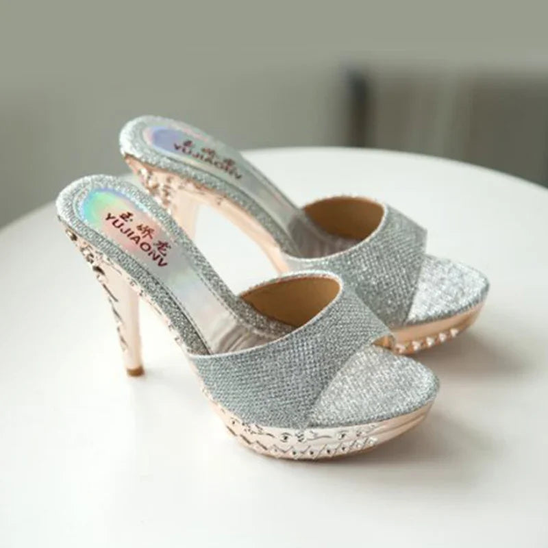 Summer Women Sandals Rhinestone Women Shoes Sexy High Heels Shoe Ladies Sandalias Gold Silver Women Slippers Heeled Sandals Sexy Good Vibrations
