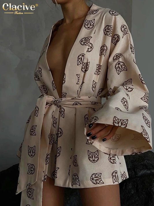 Clacive Fashion Loose Print 2 Piece Sets Womens Outfits Casual Lace-Up Long Sleeve Robes With High Waist Shorts Set Homewear Good Vibrations