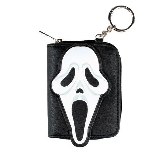 Black women's wallet with a scream mask design, zipper closure, and keychain attachment