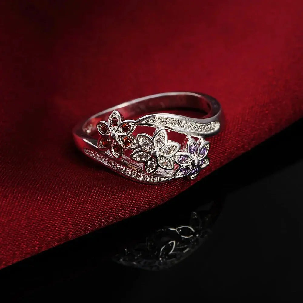 Charm 925 Sterling Silver Rings For Women color crystal flower size 6/7/8/9 Fashion Party Gifts Girl student wedding Jewelry Good Vibrations