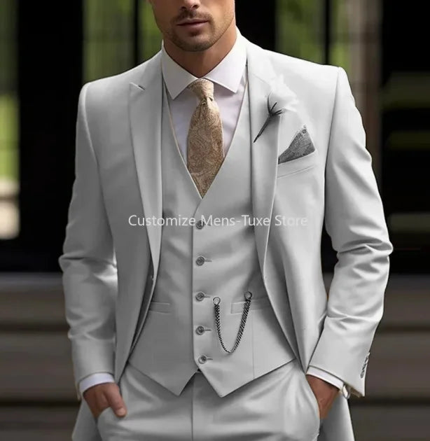 New Beige Suit Men Business Tuxedos Formal 3 Piece Set Jacket Vest Pants Single Breasted Groom Groomsman Prom Wedding Party Good Vibrations