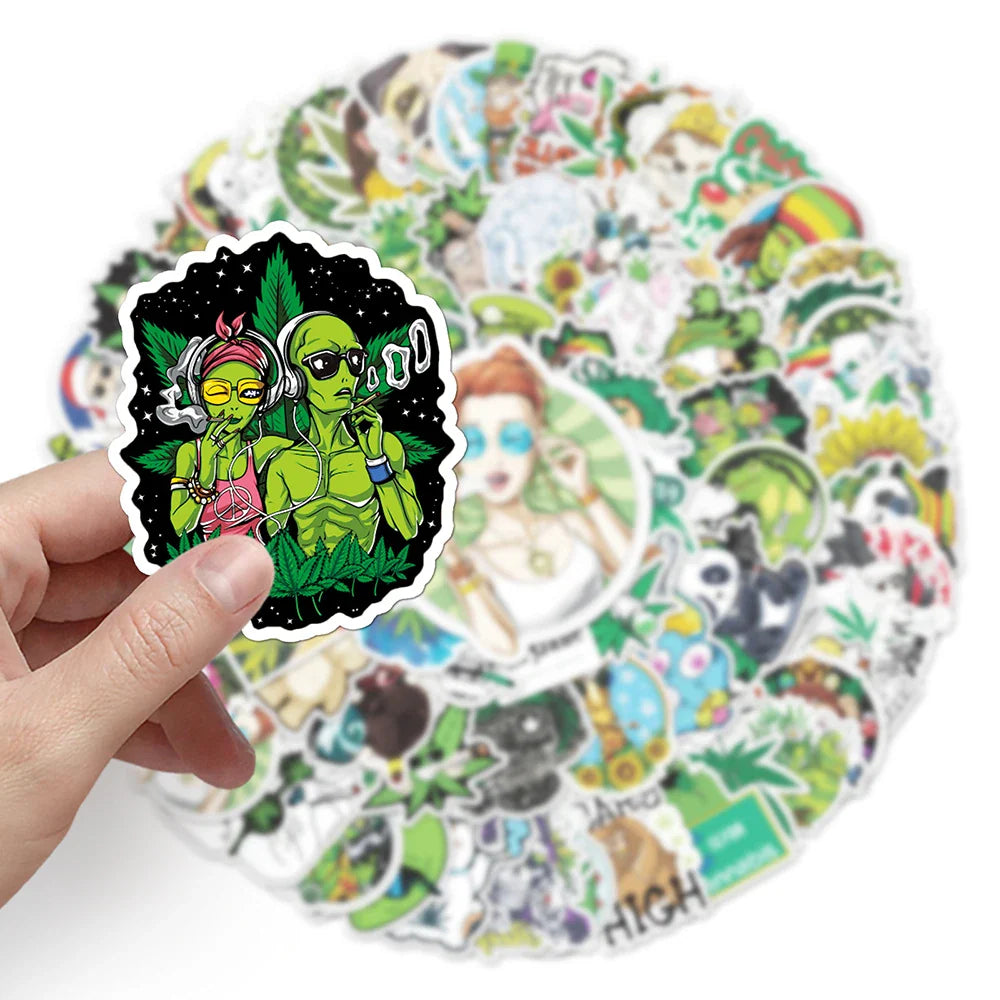 Funny smoking weed hemp leaves stickers, waterproof cartoon decals for decor, suitable for skateboards, laptops, and luggage.