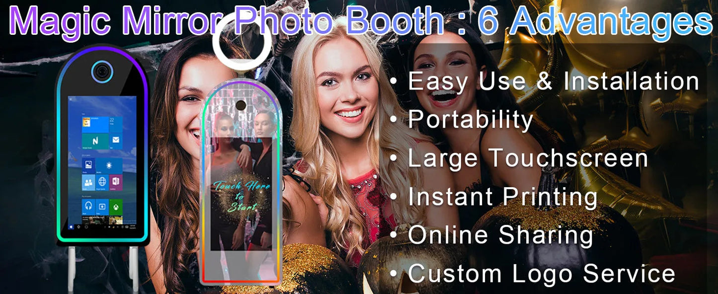 Selfie 45 Inch Photobooth with 32 Inch Mirror Touch Screen Photo Booth Magic Mirror Booth Machine for Weddings Parties Events Good Vibrations