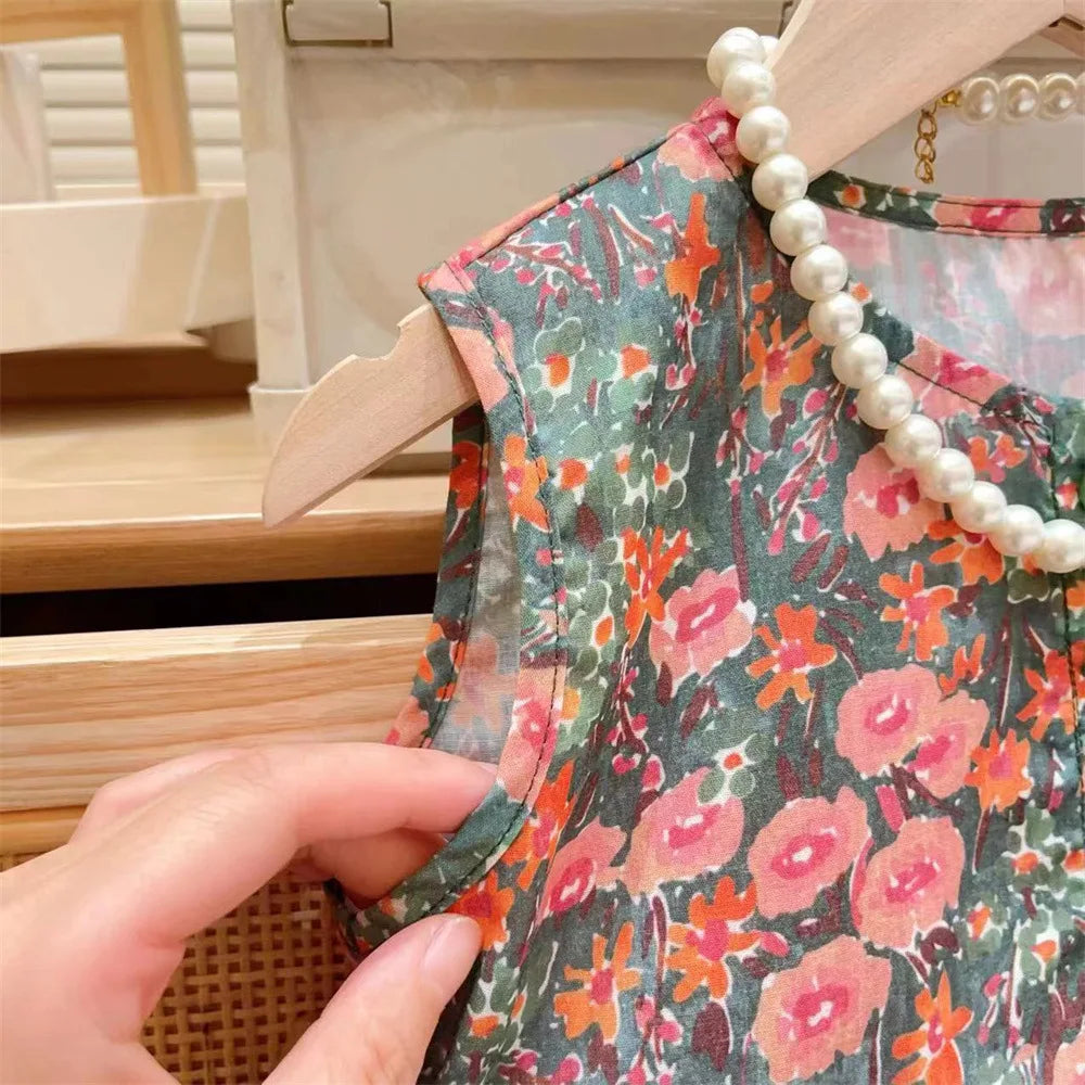 Girls Clothing Sets 2024 Summer New Children's Wear Ladies Style Fashion Floral Sleeveless Vest Top+wide Leg Skirt Pants 2-7Y Good Vibrations