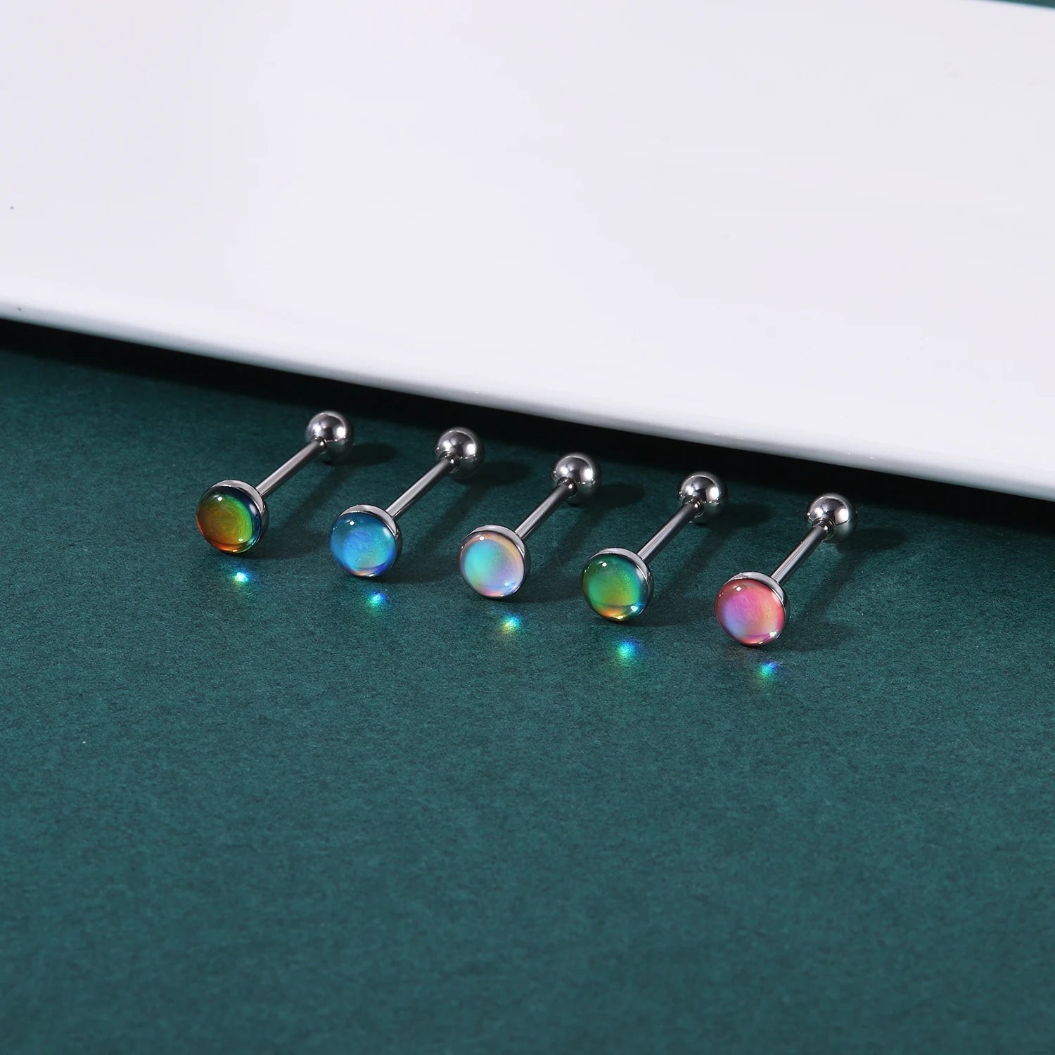 ZS 1Piece 14G Oil Luminescence Tongue Piercing Rings Stainless Steel Tongue Stud Skull Star Studs Earrings BCR Piercings Jewelry Good Vibrations Adult Super Store