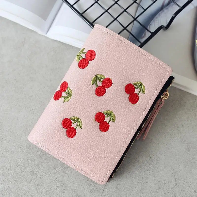 Women Vertical Buckle Cherry Embroidered Small Short Wallet Simple Wallet Girls Zipper Purse Good Vibrations