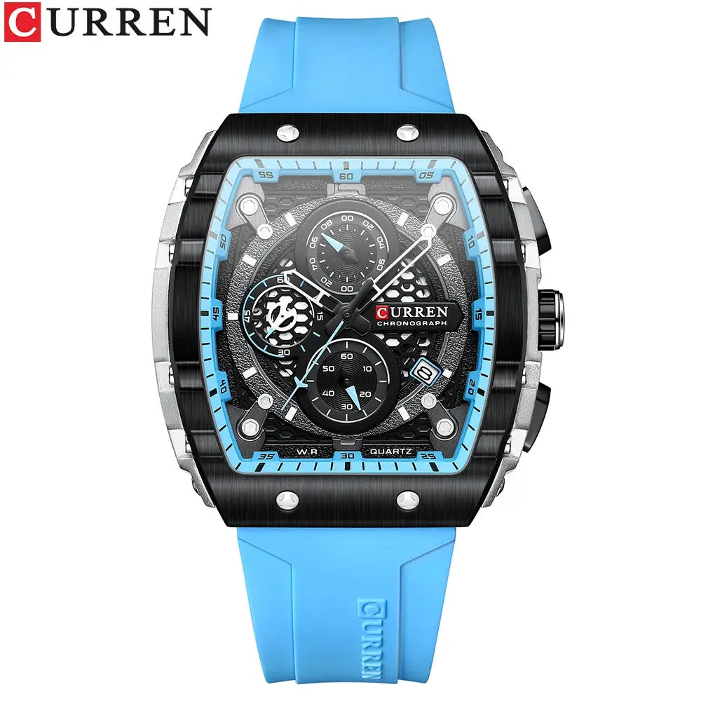 CURREN Sports Unique Rectangular Watches with Large Dial Casual Quartz Silicone Bands Wristwatches with Auto Date Good Vibrations