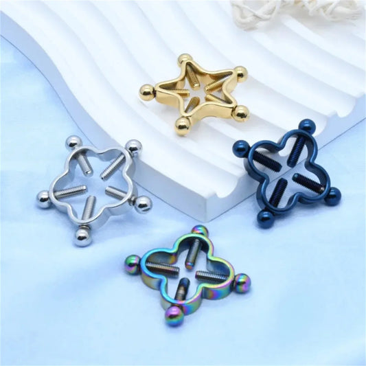 2Pcs 316L Stainless Steel Adjustable Nipple Rings for Women, Star Shaped Flower Shaped Clip On Nipple Ring Fake Piercing Jewelry Good Vibrations Adult Super Store