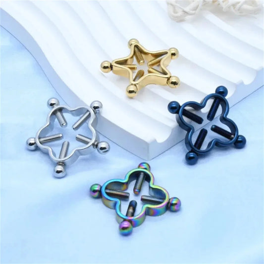 2Pcs 316L Stainless Steel Adjustable Nipple Rings for Women, Star Shaped Flower Shaped Clip On Nipple Ring Fake Piercing Jewelry Good Vibrations Adult Super Store