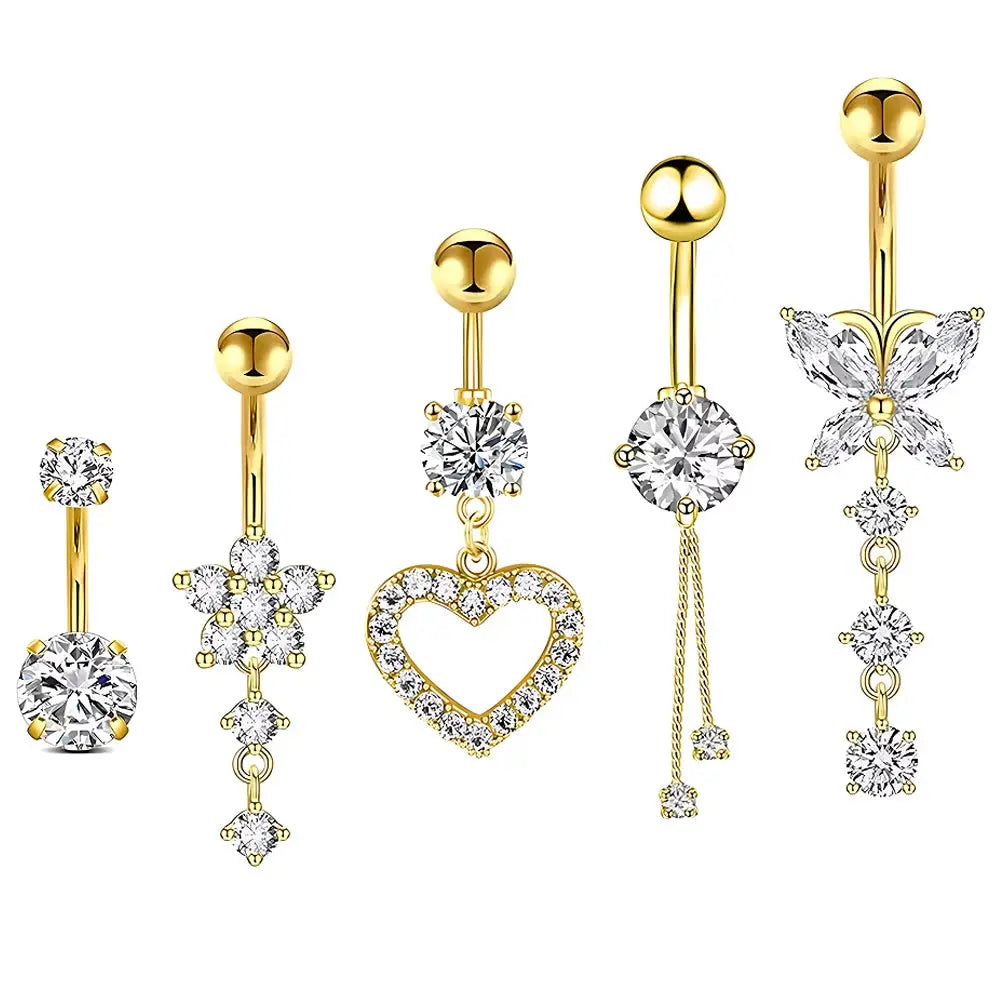 5pcs/lot Dangled Belly Button Rings Belly Piercing Sets 14G Butterfly Heart Curved Navel Piercing for Women Girls Body Jewelry Good Vibrations Adult Super Store