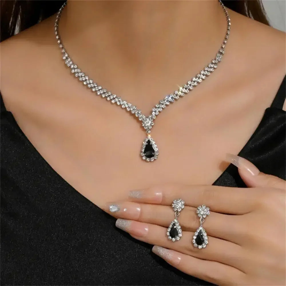 2pcs/set Jewelry Sets Women Elegant Waterdrop Rhinestone Pendant Necklace stud Earrings Wedding Dress Bridal Jewelry Set Good Vibrations