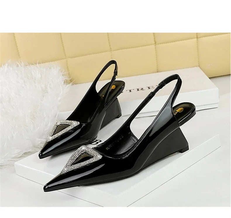 Wedges Women Shoes High Heel Shallow Pointed Toe Hollow Back Straps Patent Leather Triangle Metal Crystal Buckle Pumps Good Vibrations