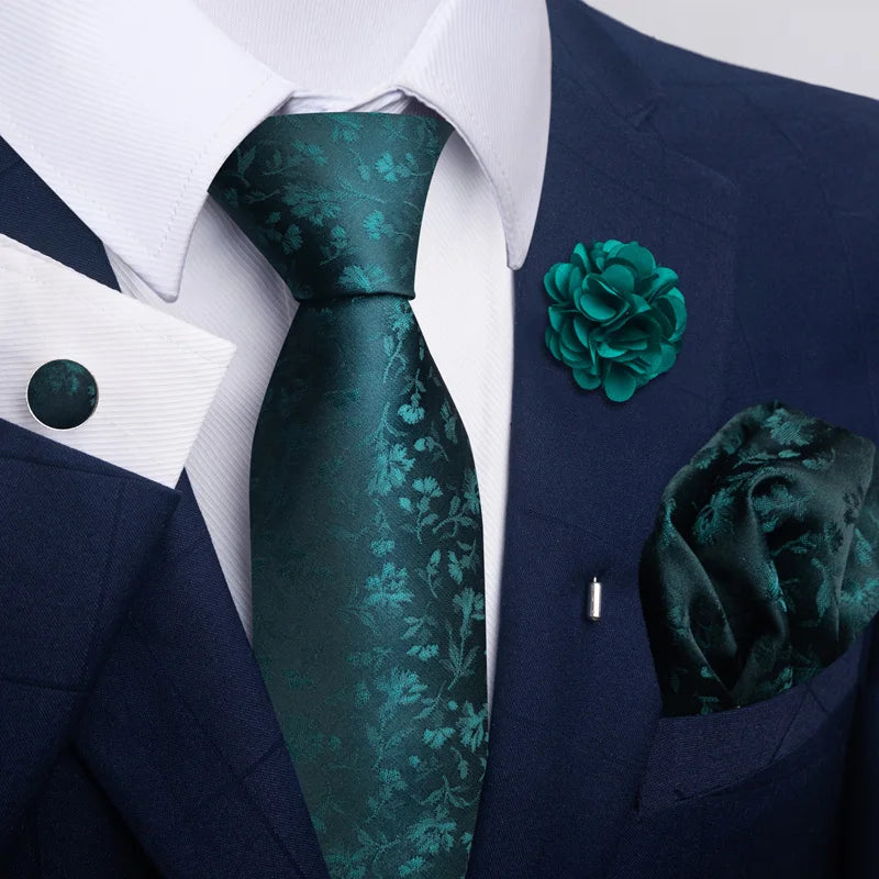 Luxury Mens Ties Floral Black Gold Ties Paisley NeckTie Pocket Square Cufflinks Brooch Set Men's Wedding Party Tie Good Vibrations