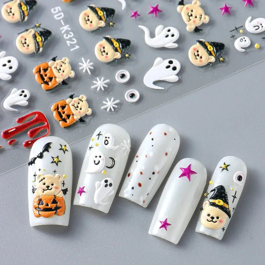 5D Halloween Nail Stickers White Bones Design Spooky Ghost Pumpkin Sliders for Nails Glitter Heart Spider Web Manicure Decals Good Vibrations