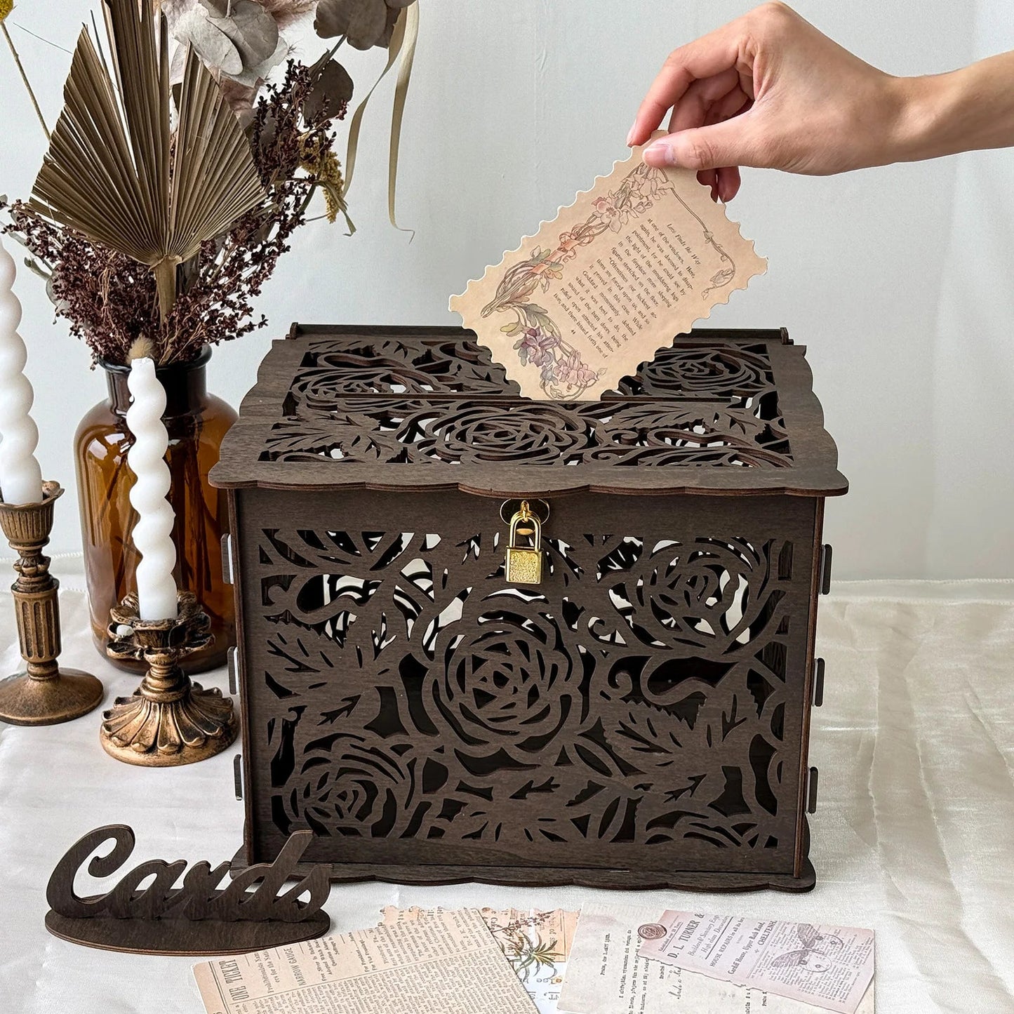 Brown rose wedding card box, wooden gift card box for reception, honeymoon fund card box for baby shower, graduation party Good Vibrations