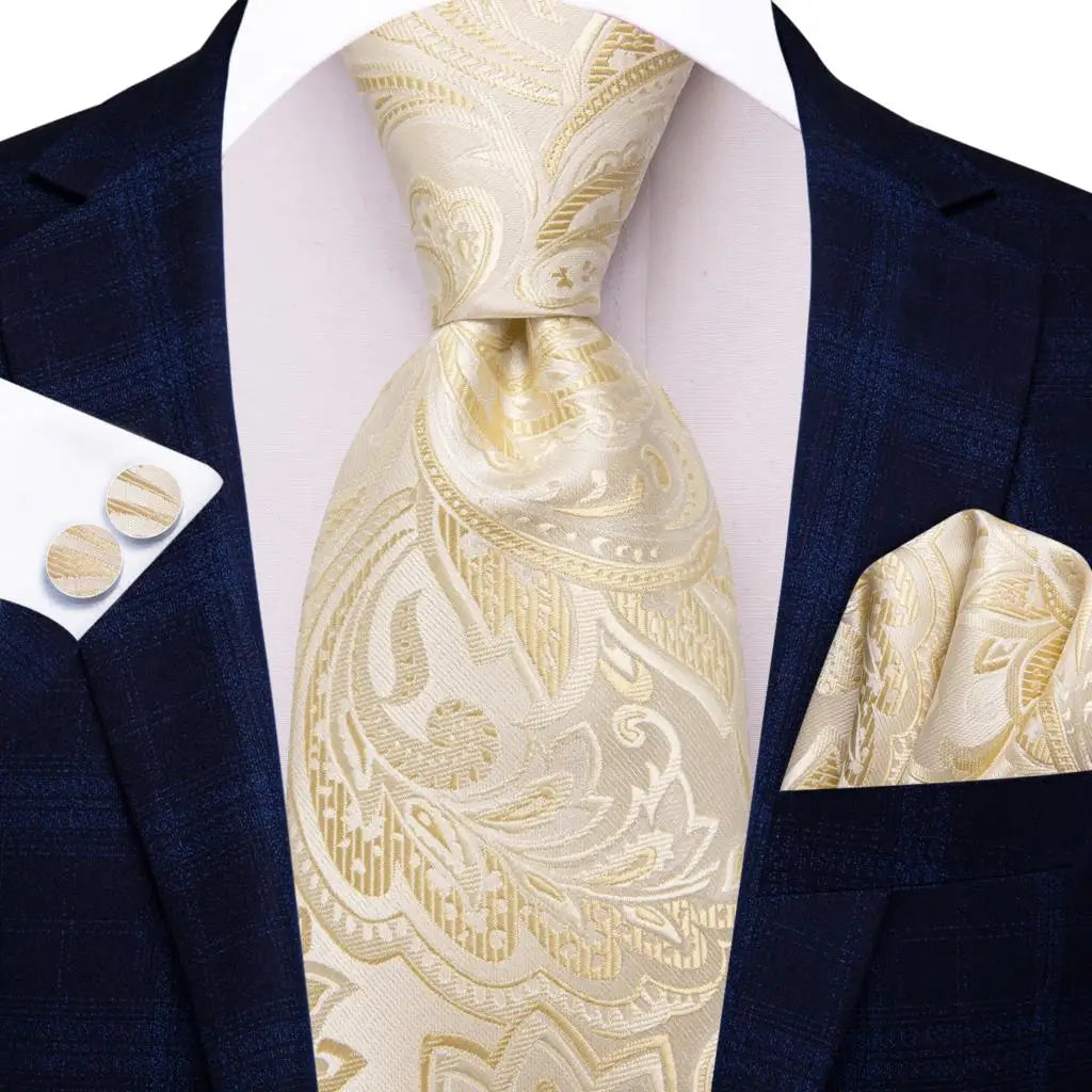 Hi-Tie Champagne Gold Striped Paisley Solid Men Silk Wedding Tie Fashion Design Necktie For Men Hanky Cufflink Business Party Good Vibrations