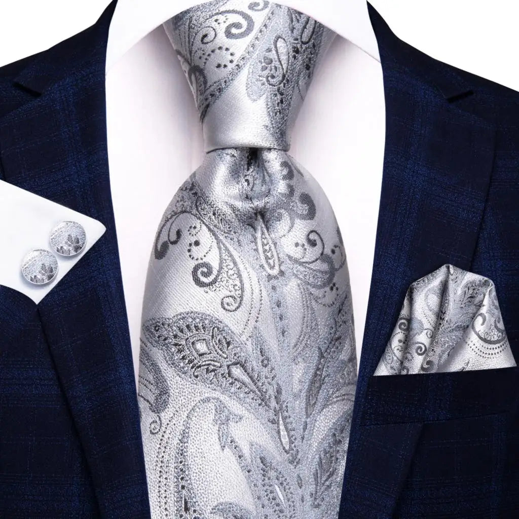 Men's Ties White Sliver Hanky Cufflinks Set Silk Neck ties For Men Wedding Party Business Mens Tie 2022 New Fashion Brand Hi-Tie Good Vibrations