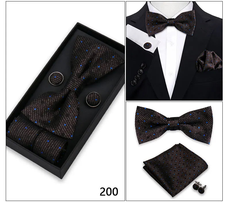 Bowtie For Men Set Gift Box Business Gift Fashion Bow Tie Pocket Square Cufflinks Set Bowtie 3pcs For Wedding Hanky Cravata Neck Good Vibrations