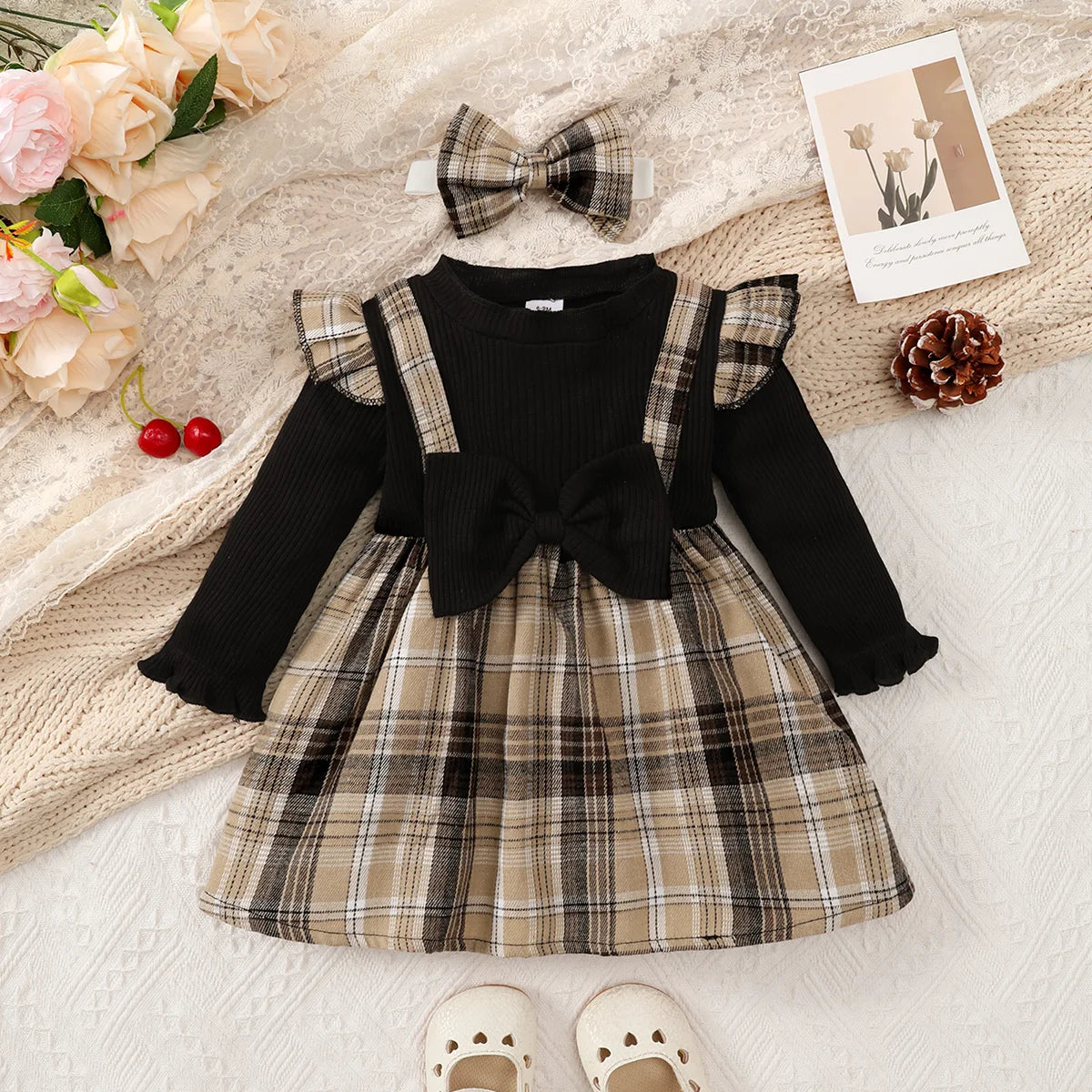 New Baby Girl Spring And Autumn Black Checkered Fake Two-piece Big Bow Headband Dress For Daily Outdoor Wear Good Vibrations