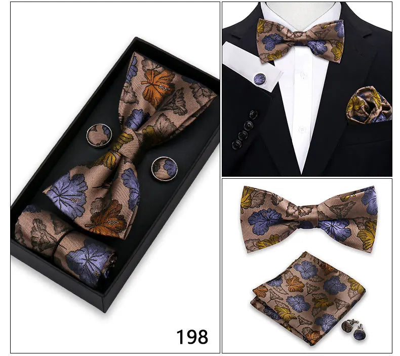 Bowtie For Men Set Gift Box Business Gift Fashion Bow Tie Pocket Square Cufflinks Set Bowtie 3pcs For Wedding Hanky Cravata Neck Good Vibrations