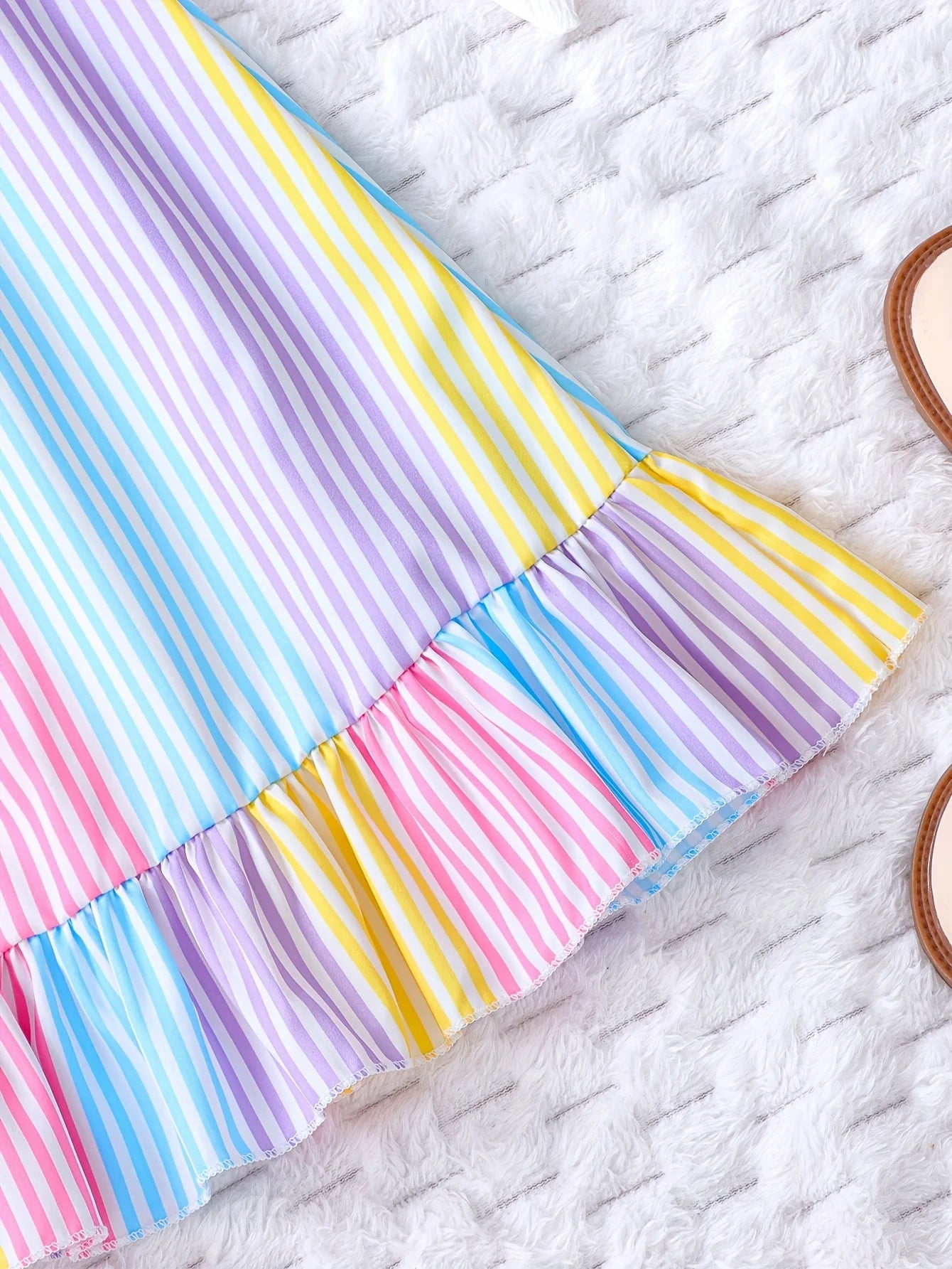 Girls' Summer Colorful Striped Ruffle Hem Dress Children's Summer Vacation Beach Play Suspender Dress Good Vibrations