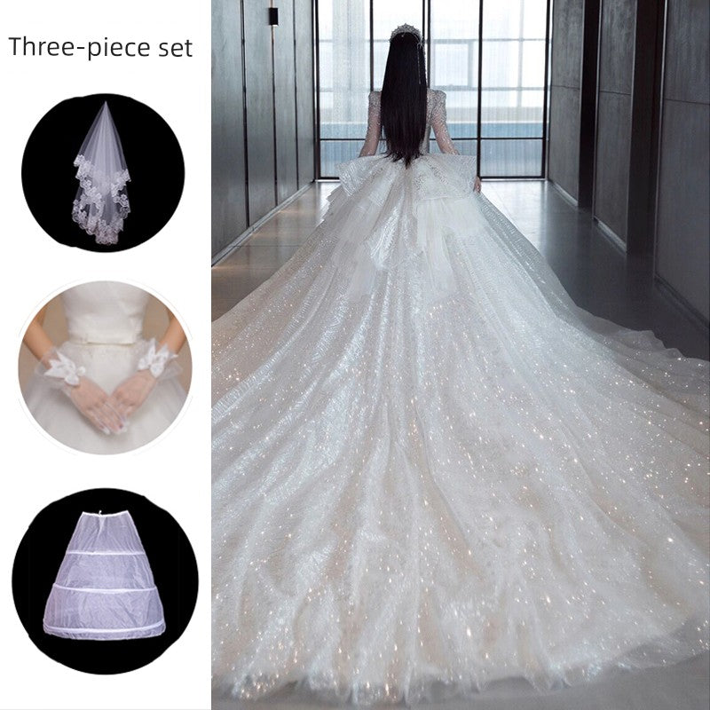 Long Sleeves Main Wedding Dress 2024 Bride New Arrival French Princess on the Run Pregnant Women Small Winter Long Tail Wedding Veil Good Vibrations