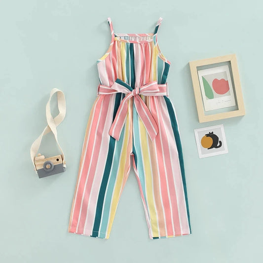 Girls Casual Bandage Sleeveless Suspender Jumpsuit Summer Fashion Stripe Printing Overalls Long Pants Children's Clothing Good Vibrations