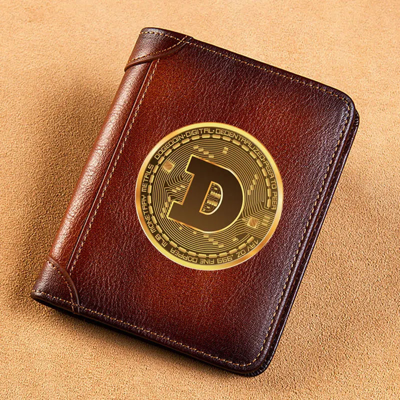 High Quality Genuine Leather Men Wallets Golden Bitcoin Sign Printing Short Card Holder Purse Billfold Men's Wallet BK1003 Good Vibrations
