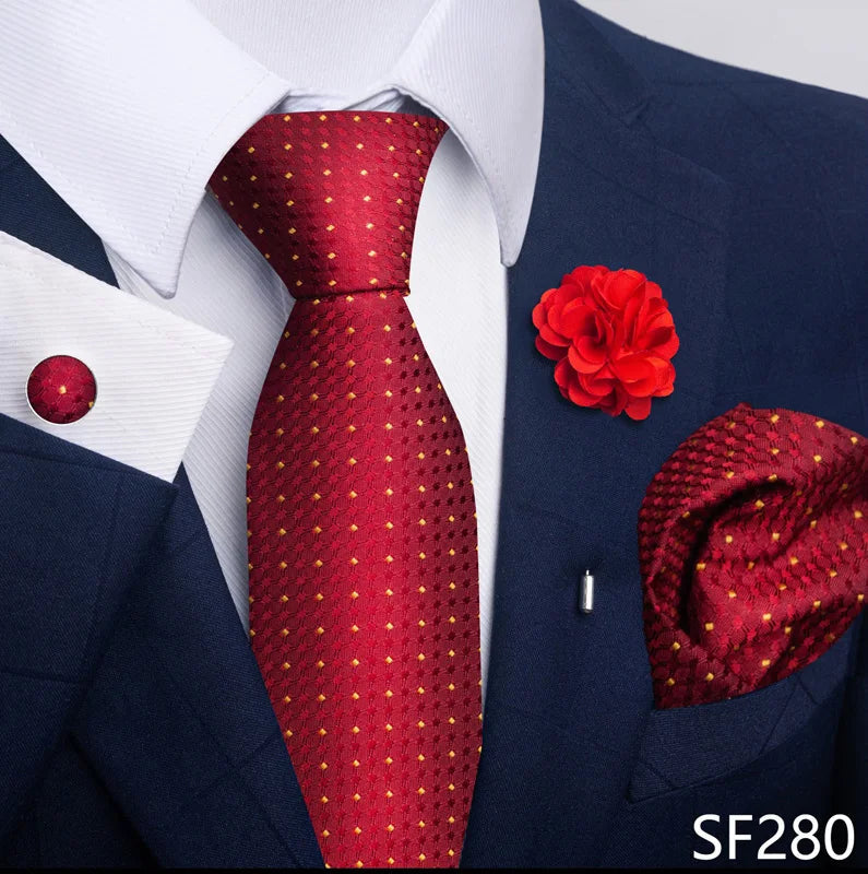 Luxury Mens Ties Floral Black Gold Ties Paisley NeckTie Pocket Square Cufflinks Brooch Set Men's Wedding Party Tie Good Vibrations
