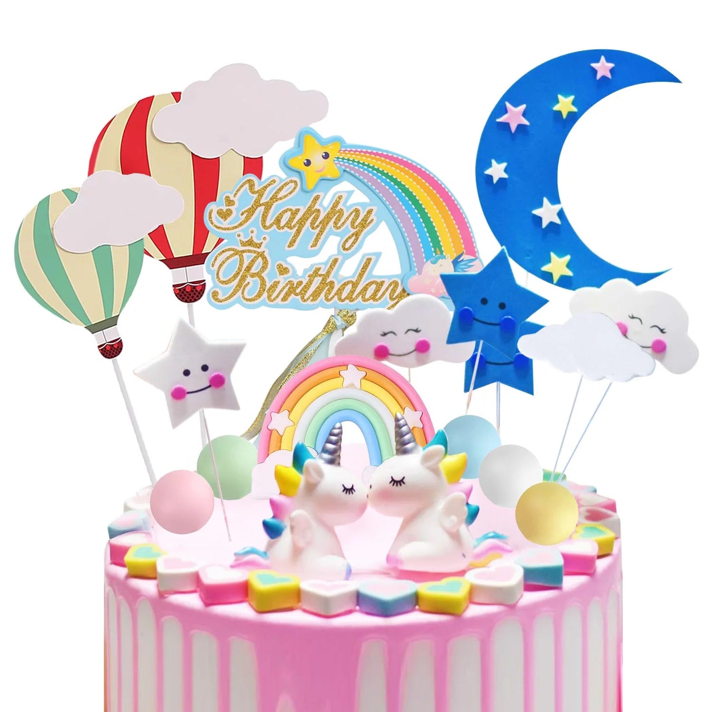 Birthday Unicorn Cake Topper,Rainbow Balloon Cake Decorations Cupcake Toppers for Girls Unicorn Birthday themed Party Supplies Good Vibrations