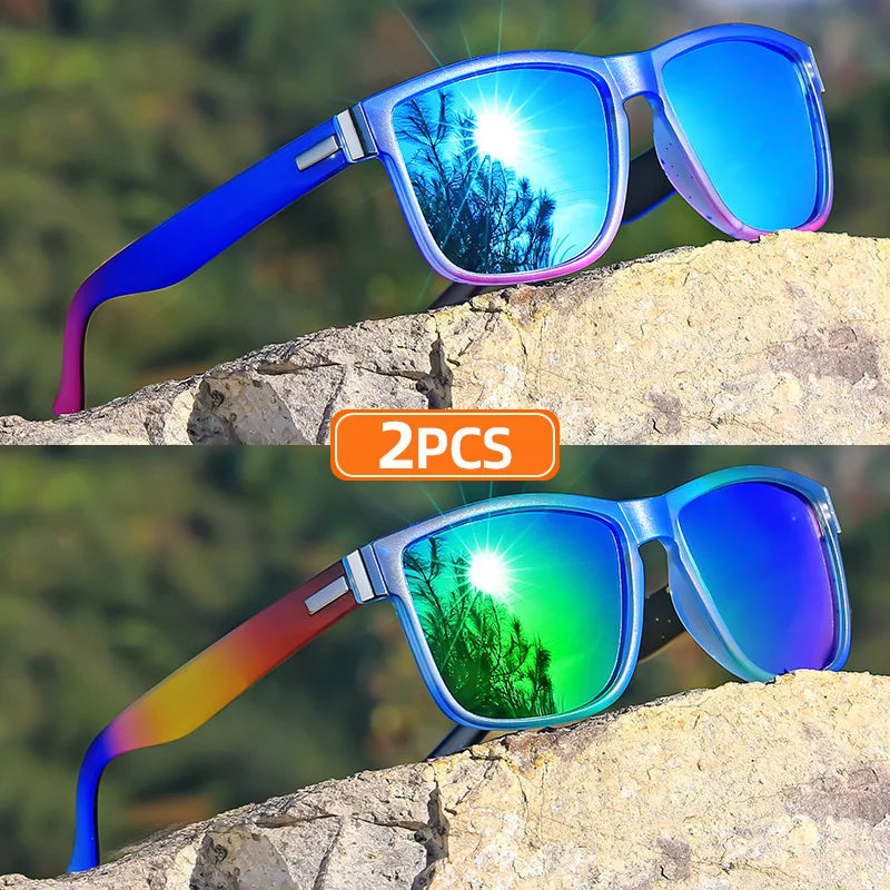 2pcs Classic Square Frame Sunglasses, Gradient Color, Full Rim, Polycarbonate Frame, TAC Lens, Polarizer, Sports Style Good Vibrations