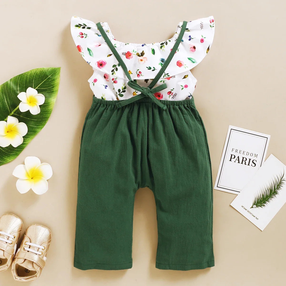 1-5Years Toddler Girl Clothes Set Floral Print Lotus Leaf Sleeve Top+ Suspender Pant Summer Fashion 2PCS Outfits for Kids Girl Good Vibrations