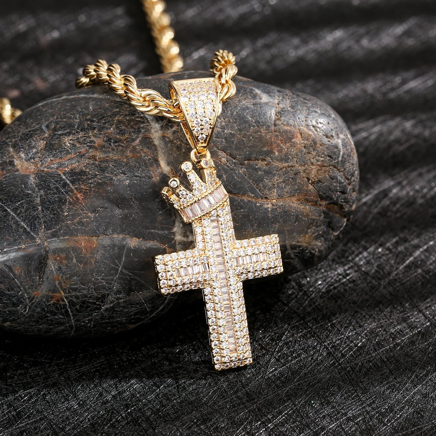 Elegant Cross Pendant Necklace with CZ Stones Copper Chain Jewelry for Everyday Wear Gift Giving Good Vibrations