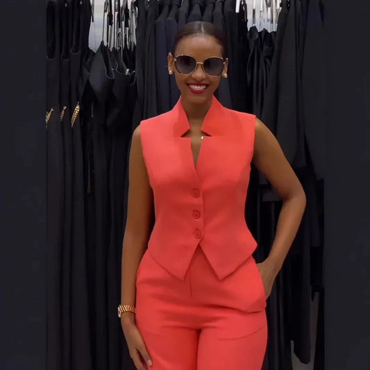 Two Piece Sets Women Pant Set V Neck Sleeveless Single Breasted Blazer Suits Tops Wide Leg Long Pants High Waist Matching Sets Good Vibrations