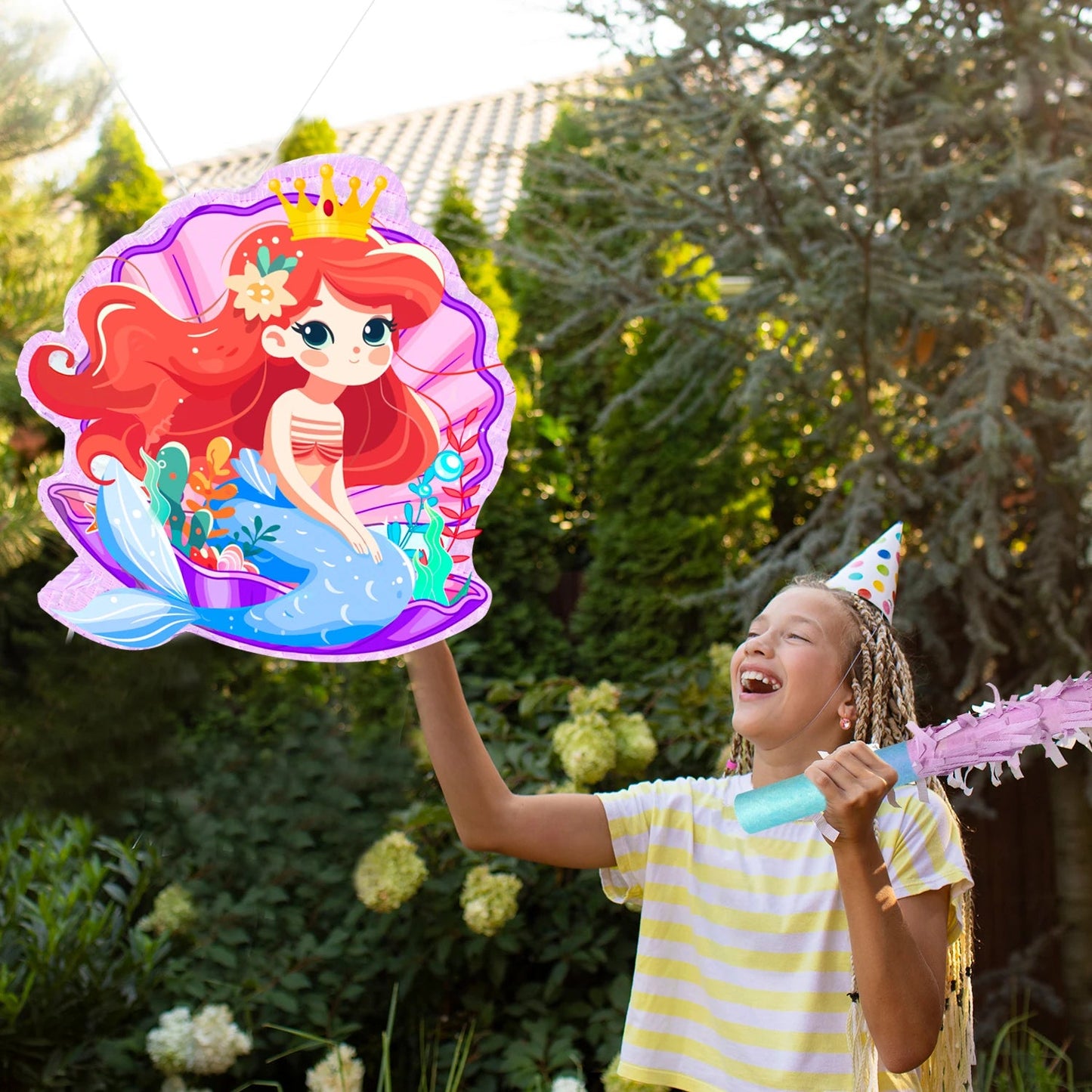 Mermaid Piñata,13.6'' Mermaid Party Pinata Set-Mermaid Piñata Large Blindfold Stick etc Mermaid Birthday Party Supplies for Kids Good Vibrations