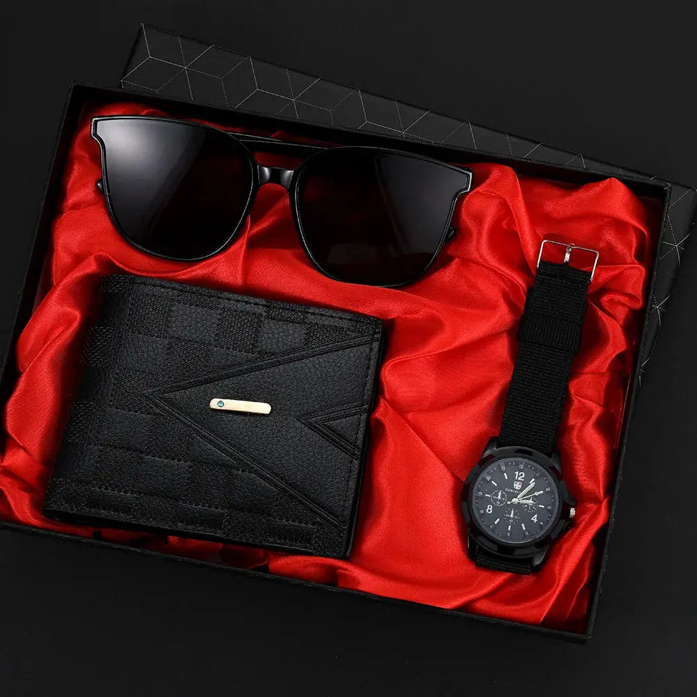 Relógio de movimento de quartzo versátil masculino, óculos de sol bonito, carteira casual, presente perfeito para festa 3 peças Good Vibrations
