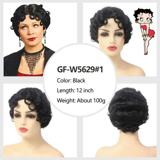 REEWES fShort Curly Finger Wave Wigs With Oblique Bangs 1920s Retro Wavy Cosplay Costume Wig Classy Vintage Wavy Style For Women Good Vibrations