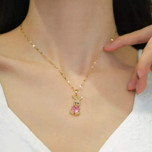 Stainless Steel Jewelry Sets for Woman Girls Shining Austrian Crystal Cute Rabbit Pendant Necklace Huggie Earrings Birthday Gift Good Vibrations Adult Super Store