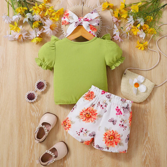 Girls Summer Outfit with Ruffle Sleeve Top And Floral Shorts Children's Clothing Set for Girls Good Vibrations