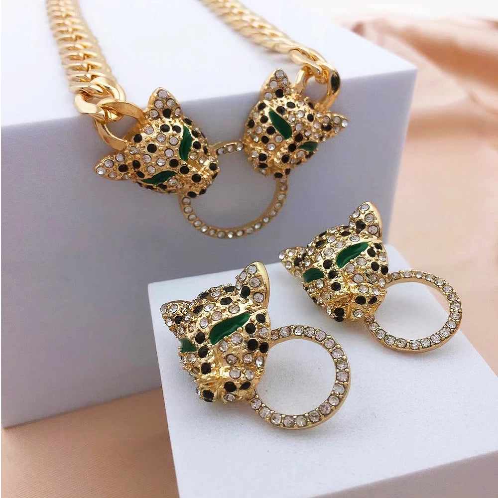 New Fashion Rhinestone Leopard Earring Necklace Jewelry Set for Women Party Punk Vintage Metal Animals Pendant Chains Necklace Good Vibrations