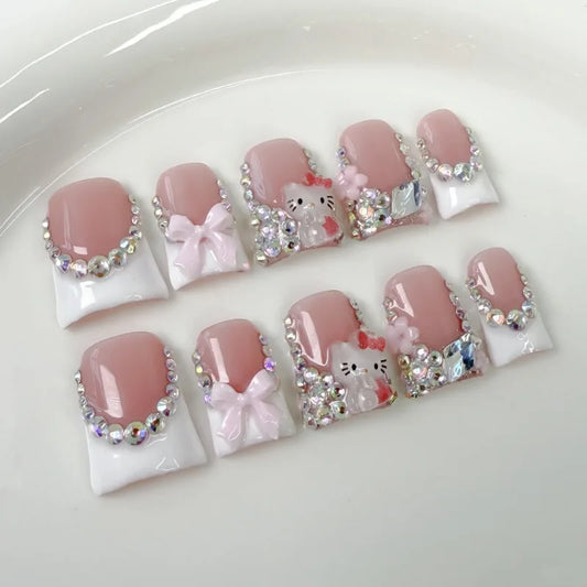 10Pcs Sweet Short Press on nails Bow Cute KT Cat Design Duck French Fake Nails Shiny Rhinestone Handmade White False Nail Tips Good Vibrations