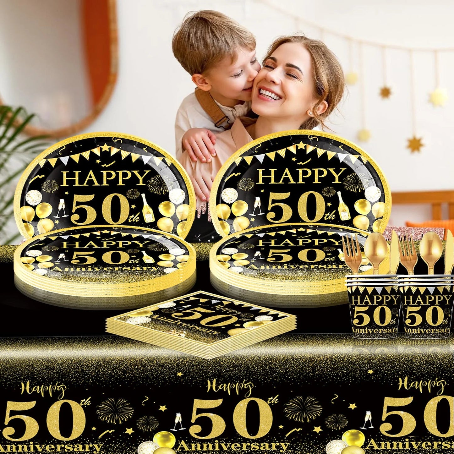 Happy 50th birthday party table supplies, black and gold theme, napkins, 7inch paper cups, tablecloth, plates, party decoration Good Vibrations
