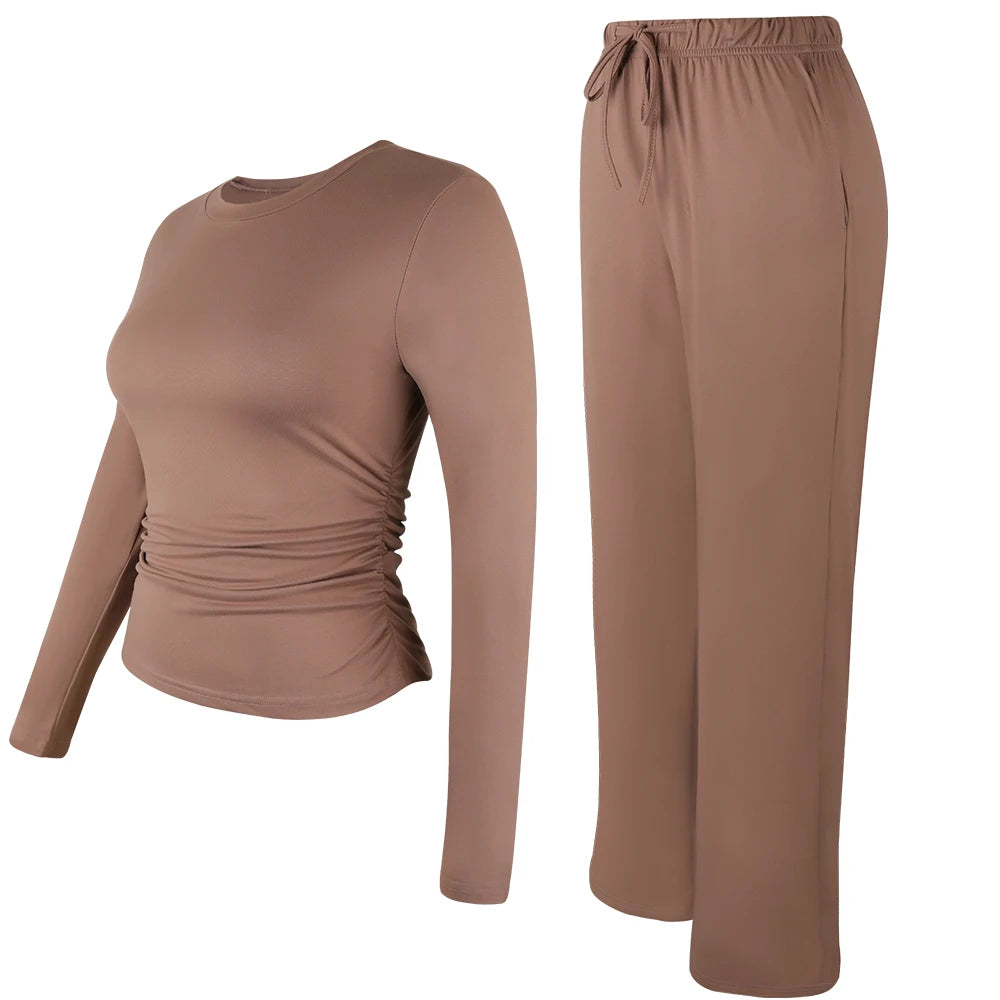 Women drawstring Set Soft Home Clothes Wide-leg Pant Long Sleeve Round Neck Top Comfortable Yoga Outfit Pullover Sleepwear 2025 Good Vibrations